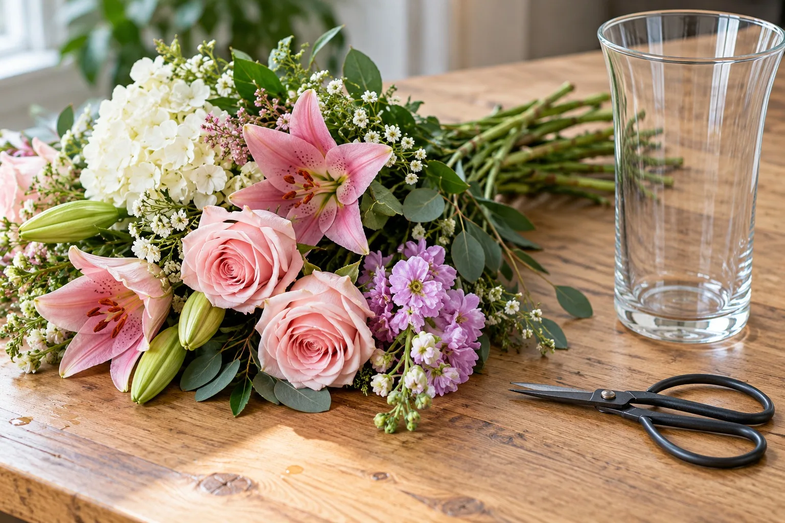 Schnittblumen und eine Blumenschere neben einer Glasvase auf einer sauberen Arbeitsfläche.